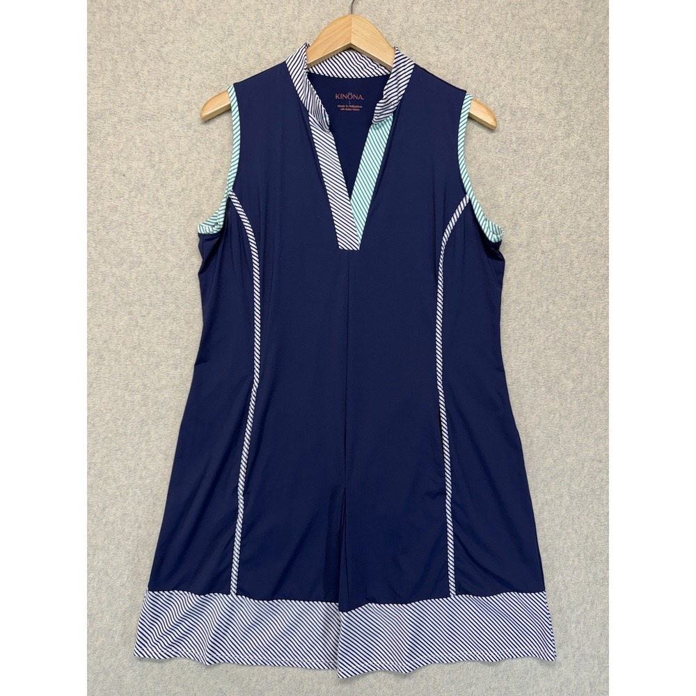 KINONA Women's Sleeveless Golf Dress Navy Blue Striped Trim Stretch Size L